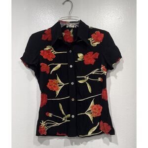 Vintage Tessuto Floral Print Top Women’s Petite P Black Red Button Front Boho